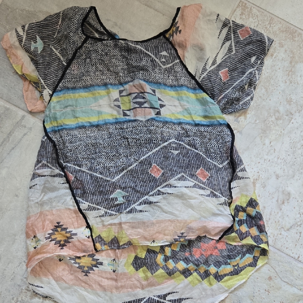 Aryn K Pastel Multi Geo-Print Short Sleeve Blouse